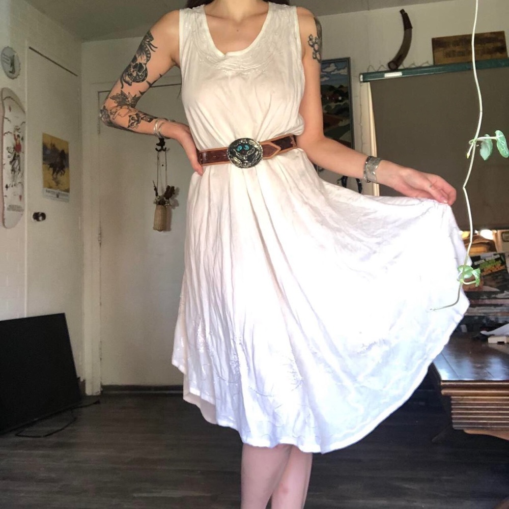 Vintage White Rayon Hippie Boho MIDI Dress One Size Flowy